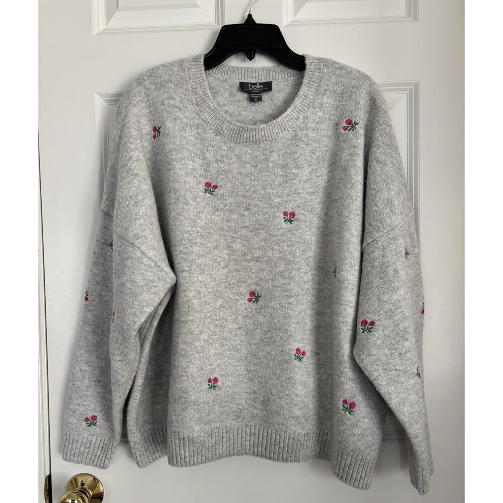BELLE BY BELLDINI WOMENS SWEATER PULLOVER GREY WITH EMBROIDERED ROSES KNIT 2X/3X